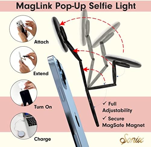 Sonix MagLink Pop Up Selfie Светло И Телефон Прстен Зафат За magsafe iPhone 14/13 / И 12 Серија, Магнетни Целосно Прилагодливи Тркалезна