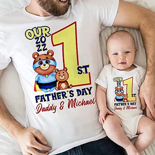 Обичај на нашата 1 -ви двојна кошула на таткото и бебето, симпатична тато бебе мечка 1 -ви татковци за појавување на кошули,