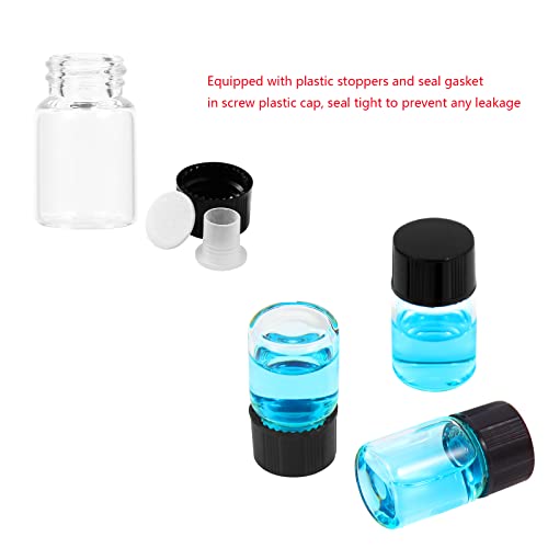 Cadbibe 2ml чисти стаклени ампули со капачиња за завртки и пластични стопери, 1/2 DRAM Мал течен примерок од шишенце, шишенце за протекување,