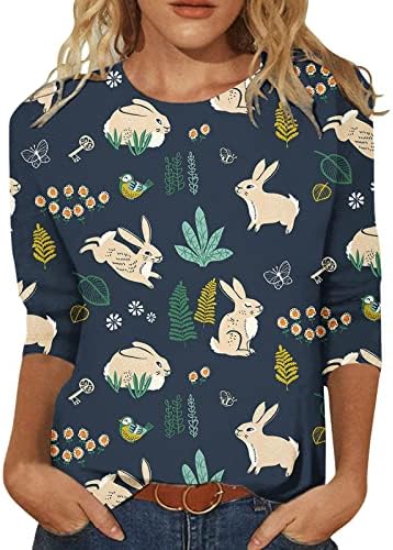Велигденска кошула за зајаче за жени жени 3/4 ракав o вратот на вратот Графички печатење на графички врвови за туниќ, градиент маица