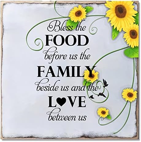 Сончогледни знаци за украси за дома, благословете ја храната пред нас семејството покрај нас и theубовта меѓу нас дрвениот знак, рустикален