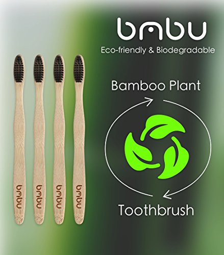 Бамбус четка за заби 4 пакувања - средна / мека јаглен четки за заби Дрвена рачка - БПА бесплатна, еко -пријателска, идеја за подароци
