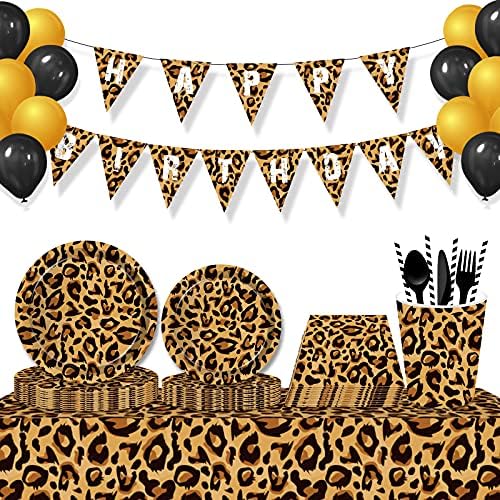 Леопард Партија Материјали,Тема Роденден Декорации Сет вклучува Вечера Чинии,Десерт Плочи,Чаши, Салфетки, Пила за 16 Гости