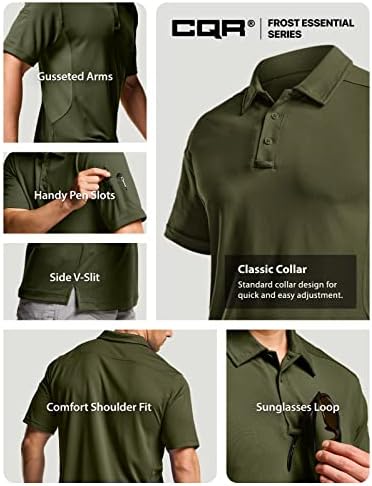 CQR Машка поло маица, тактички кошули со кратки ракави, суво вклопување лесни кошули за голф, отворено UPF 50+ пика кошула