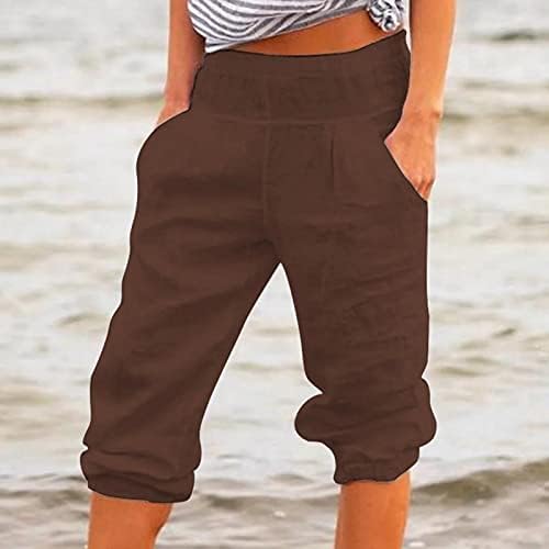 Памучни постелнини панталони за жени, лето плажа тенок фит палацо колено должина каприс удобни модни товарни панталони за жени