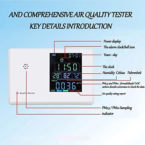 WODMB термометар Дигитален CO2 метар HCHO PM2.5 Монитор хигротермографски аларм часовник CO2 Тестерски монитор за квалитет на воздухот формалдехид гас Анализатор затворен