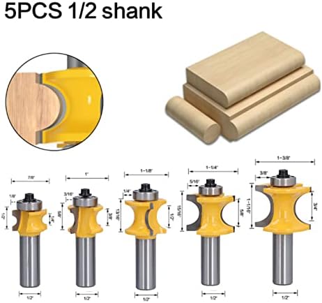 Fafeicy 5pcs 1/2in Shank Router Bit Set, Half Round Melling Cutter, Bullnose Router Bit за CNC машина за гравирање, секач за мелење