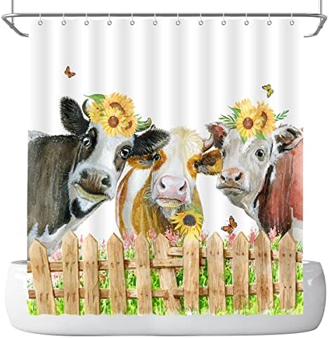 Дефото фарма крава туш завеси за акварел за бања западен бик со сончоглед фарма куќа дрвена ограда полиестерска ткаенина дома декорација