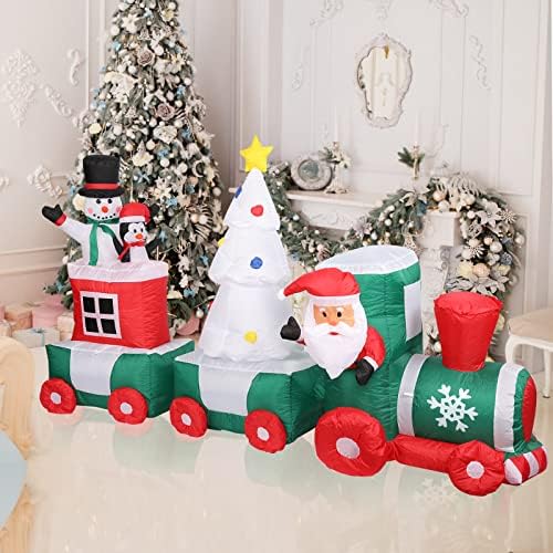 7,9 FT Божиќни украси за надувување, Божиќни украси на отворено двор украси надуени Дедо Мраз на воз со новогодишна елка Снежен