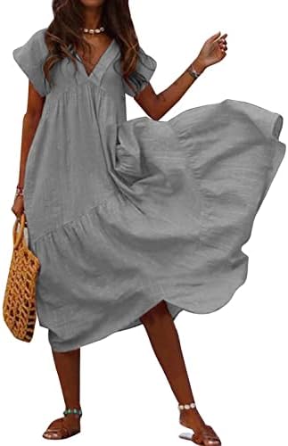 Jjhaevdy женско зашивање плус големина кратка ракав летен плажа sundress v вратот лабав обичен маичен фустан со висока половината замав