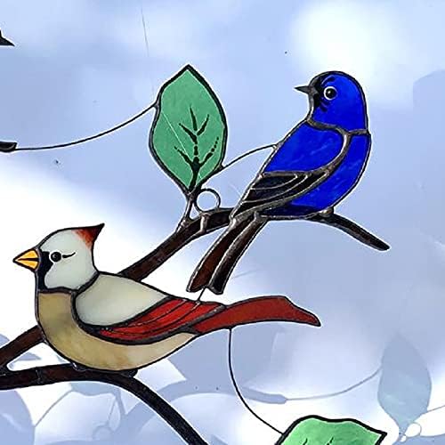 Јајјун витраж прозорец за птици што висат сончани серии на птици, уметнички украси, приврзоци 6 птици на жица за домашен wallид