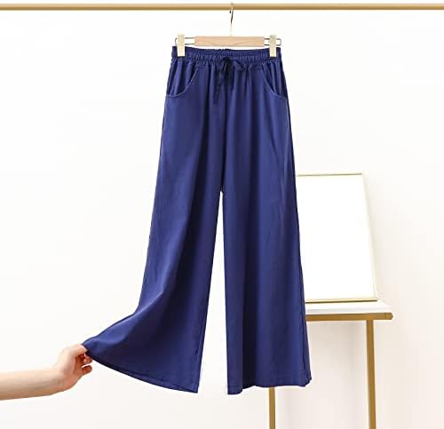 Женски памучни постелнини долги панталони Обични цврсти бои права панталони Еластични половини се протегаат широки панталони за