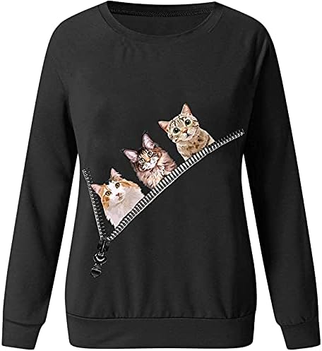 Qtocio Спортски џемпери жени жени тинејџерки слатки маички за мачки со 3Д мачки се вклопуваат во маички со долги ракави, обичен