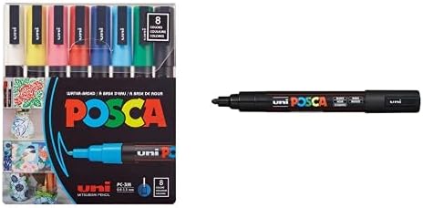 Пенкач за маркер за боја на Posca - Ситна точка - сет од 8, повеќебојни и постка акрилна боја маркер, средна, црна