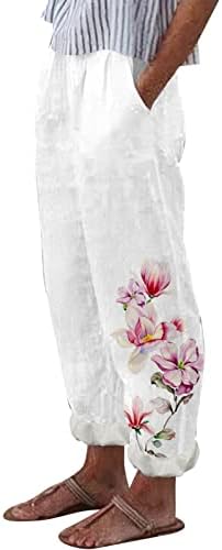 Gufesf Women'sенски исечен памучен постелнина Каприс панталони летни буги харем панталони со џебови летни панталони за жени