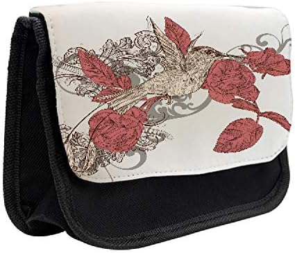 Зачудувачки куќички за колибри, украсен гроздобер рози, торба со молив со ткаенини со двоен патент, 8,5 x 5,5, бледа рубин беж