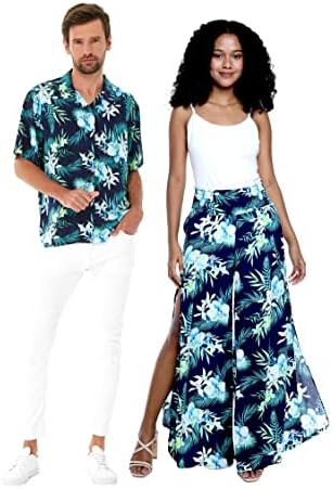 Соодветна двојка Хавајска Луау кошула или широки панталони со нозе во морнарицата Орхид ветре