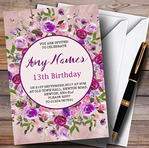 Розова &засилувач; Виолетова Акварел Цветни 13-Ти Персоналните Покани Роденден Партија