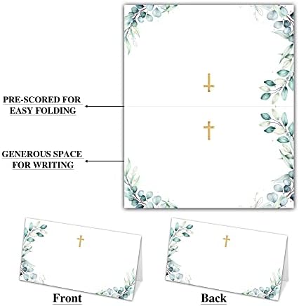 Картички за место за крштевање на еукалиптус, картичка за зеленило од злато фолија за прва причест, крштевање, верска прослава
