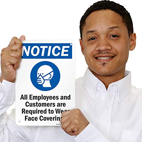 SmartSign 10 x 7 инчи „Забелешка - сите вработени и клиенти се бара да носат облоги за лице“, 55 мил. HDPE пластика, сина, црно -бела боја