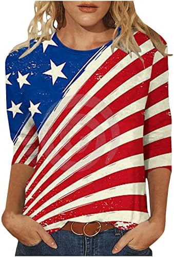 Денот на независноста кошули за жени 4 -ти јули врвови патриотски 3/4 ракав маица лето американско знаме графички блузи