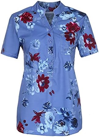 Женски маички од 2023 година, обични печатени печатени V-вратот со кратки ракави, пулвер за лабава блуза врвови маици кошули