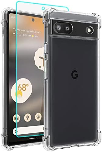 За случајот Pixel 6A, куќиште на Google Pixel 6A со заштитник на екранот, шок -изобилен чист чист тенок мек силиконски TPU заштитен телефонски