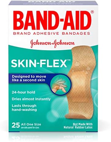 Band-Aid Brand Brand Brand Skin-Flex лепила за завои за прва помош и нега на рани, разновидни големини, тен, 25 брои
