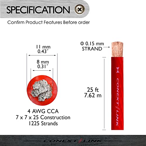 Conext link 25 ft Red 4 Gauge Anampifier Power Wire 25 стапки 4 GA AWG Amp Cable Roll （10846）