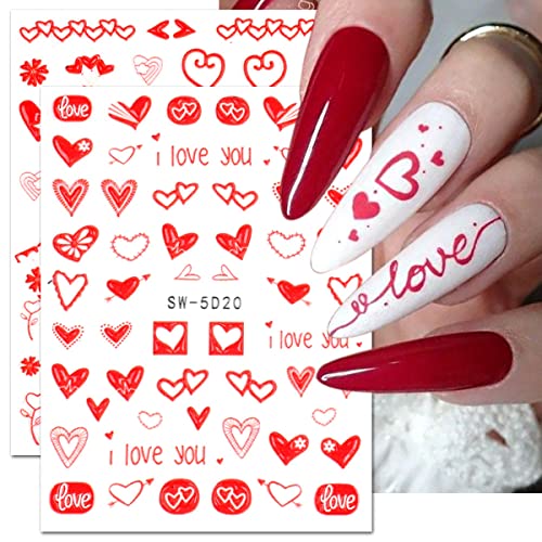 5d налепници за уметност на срцев нокти Валентинс за нокти Декларации со црвено срце дизајн самостојно лепење на налепници за