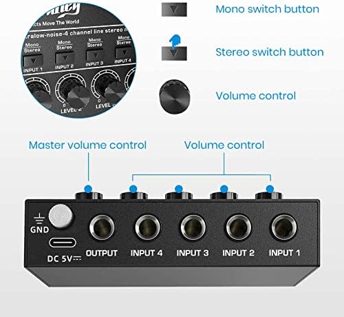 Moukey Mini Audio Mixer Line Mixer, DC 5V, 4-Stereo Ultra, 4-канал со низок шум за под-мешање, идеален за мали клубови или барови, како гитари,