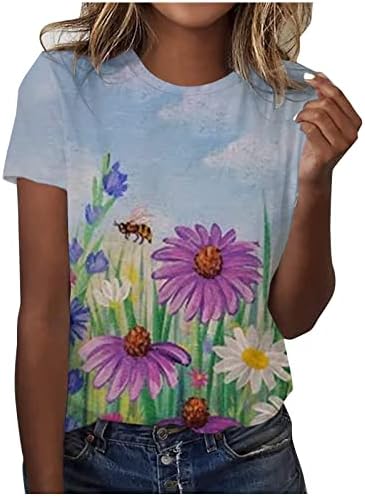 Женски цветни кошули летни кратки ракави лабави лесни врвови на блуза Редовно вклопуваат кратки ракави на врвови со блузи од врата