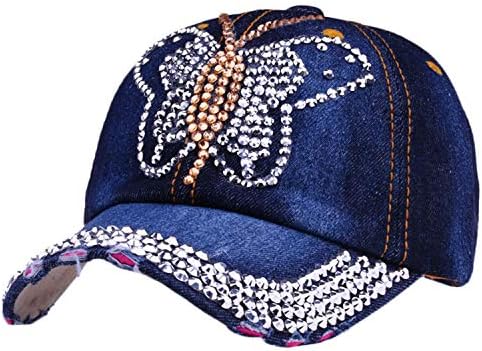 Andongnywell Пеперутка тексас бејзбол капа, жени кристал ринестон шминка капачиња што трескаат потресена капа од фармерки
