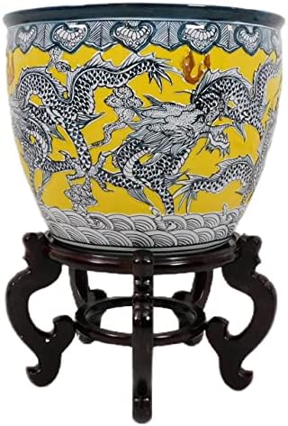 Ориентален мебел врежан кинески порцелански змеј риболов царска жолта глазура