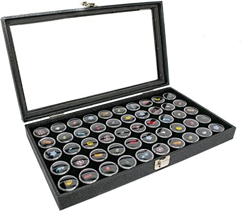 RJ прикажува стаклена кутија за приказ на накит со 50 тегли со црни скапоцени камења