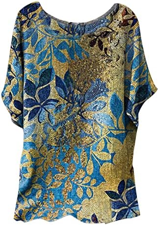 Overmal Women Mase Fashion лето 2022 година тркалезен врат пулвер печатен блуза со краток ракав со кратки ракави