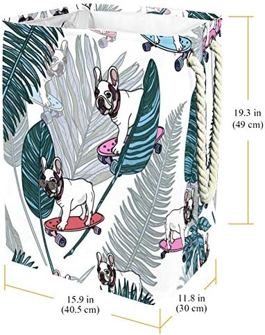 Нехомер француски булдог На Скејтборд И Тропски Лисја НА Бела Позадина 300д Оксфорд Пвц Водоотпорна Облека Ја Попречува Големата Корпа За