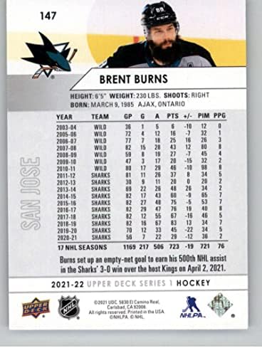 2021-22 Горна палуба 147 Брент Барнс Сан Хозе Ајкули Серија 1 НХЛ хокејска база за трговија