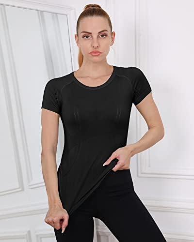 Ahtwiy жени долги/кратки ракави вежбање кошули јога салата врвови за дишење атлетска кошула за трчање тенок фит