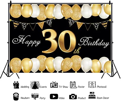 Oerju 12x10ft Среќна 30 -ти роденден за позадина за жени црно -злато роденденски портрет фотографија сјај златни балони знамиња фотографија