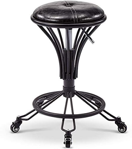 Прилагодлива столица на тркалото ， фризерски столче со црно PU синтетичко кожено седиште ， прилагодлива висина 48-58 см ， Поддржана