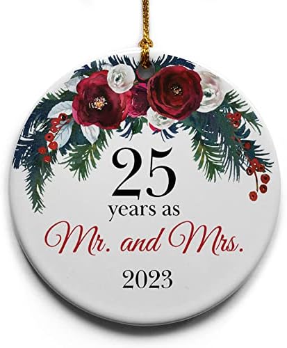 25 години како г-дин и г-ѓа керамички украс за елка, колекционерски празник, 2,875 Тркалезен украс во декоративна кутија за подароци со лак- совршена 25-та свадба