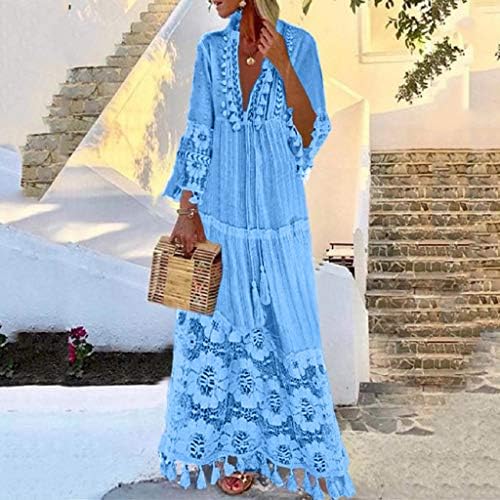 Maxенски макси фустани со долг ракав Боемјан против чипка од вратот извезено случајно летно летно место за одмор на плажа