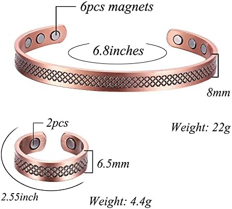 Магнетски лимф -детоксичен бакар нараквици и прстен за мажи жени, магнетни лимфни нараквици за карпален тунел, бакарна манжетна