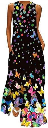 Zpervoba bohemian летни фустани за жени резервоар фустан макси фустани со џебови, случајна без ракави пеперутка цветна садница