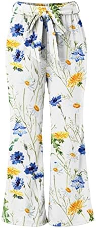 Широки панталони за нозе за жени со висока половината цветни плус палацо панталони со џебови со лесен врзан јазол лабава панталони