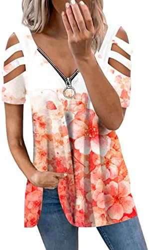 Надвор од рамената на врвот на рамото, есен летен памук со краток ракав, длабок v вратот на вратот нагоре, цветен графички врвен врв