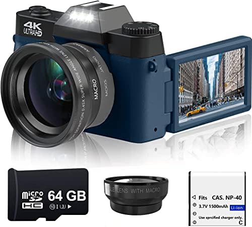 Дигитална камера Acuvar 4K 48MP за фотографија, камера за блогирање на YouTube со 3,0 '' 180 ° Flip екран, WiFi, 16x дигитален зум, широк