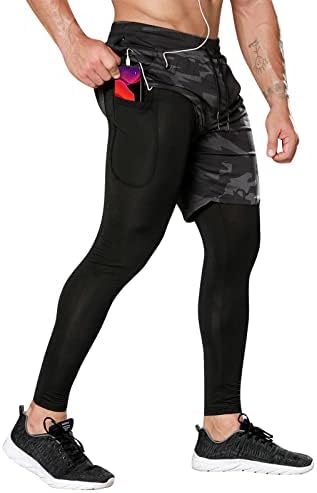 Панталони за компресија на OEBLD мажи 2 во 1 панталони за панталони за тренингот за мажите салата хулахопки со јамка за пешкир