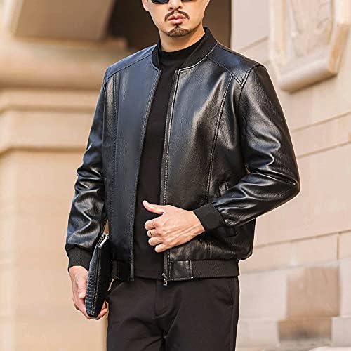 Mens Classic Pleated Leather Leather јакна за спојување на патент со јака за имитација Имитација на врвовите